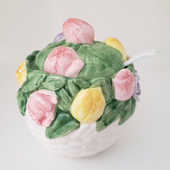 Otagiri Mary Ann Baker Hand Painted Spring Flowers Ceramic Sugar Bowl /Jelly Jar - Picture 5 of 7